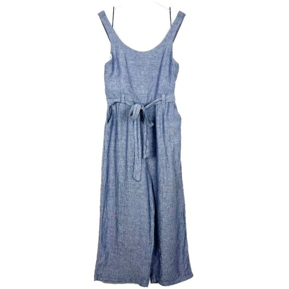 St. Tropez West Jumpsuit Women's 12 Blue Chambray 100% Linen Wide Leg Belted - Picture 3 of 16